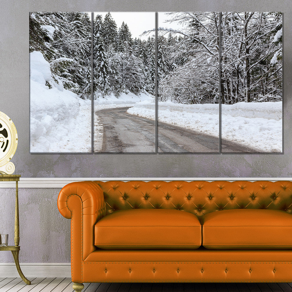 Foggy Winter Road in Slovenia, Large Landscape Canvas Art, 48"x28", 4 Panels