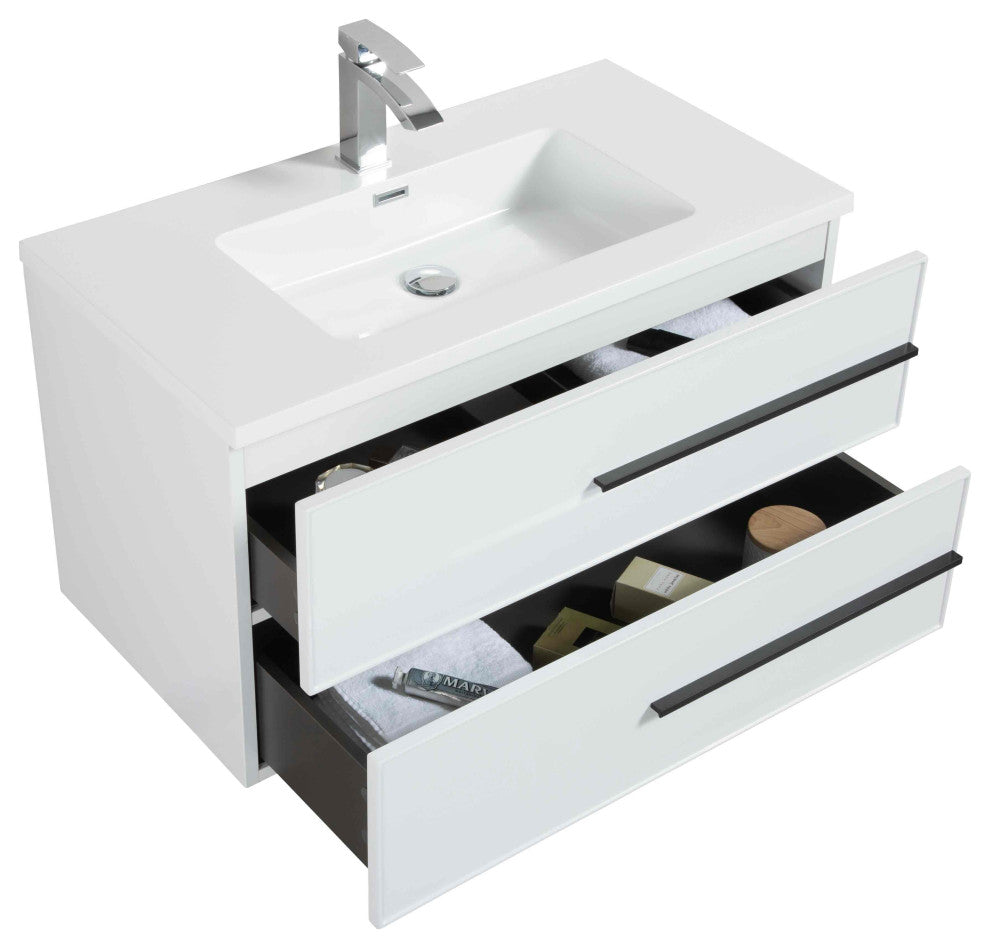 Wall-Mounted White Vanity with Sink Top and Two Drawers, 36"