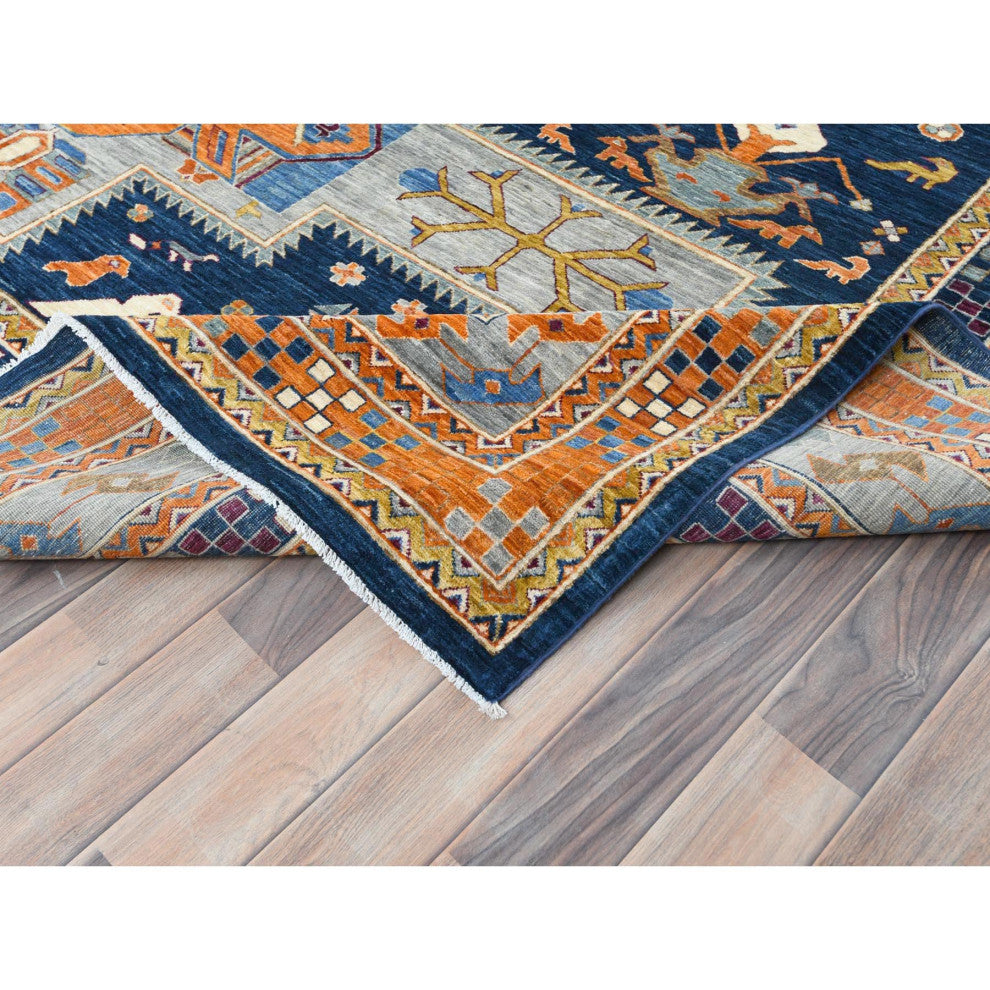 Navy Blue, Armenian Inspired Design 200 KPSI Wool Hand Knotted Rug, 9'1"x11'7"