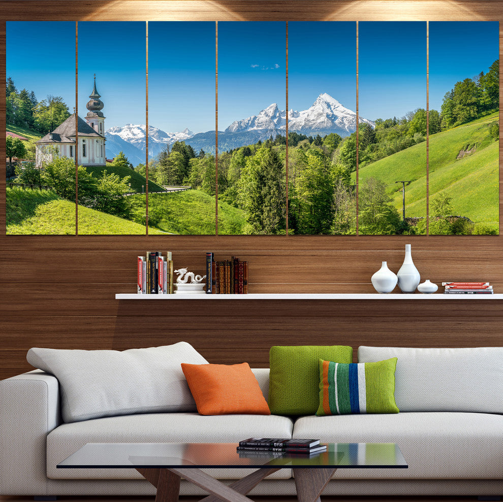 Green Mountain View of Bavarian Alps, Landscape Canvas Print, 83"x32", 7 Panels