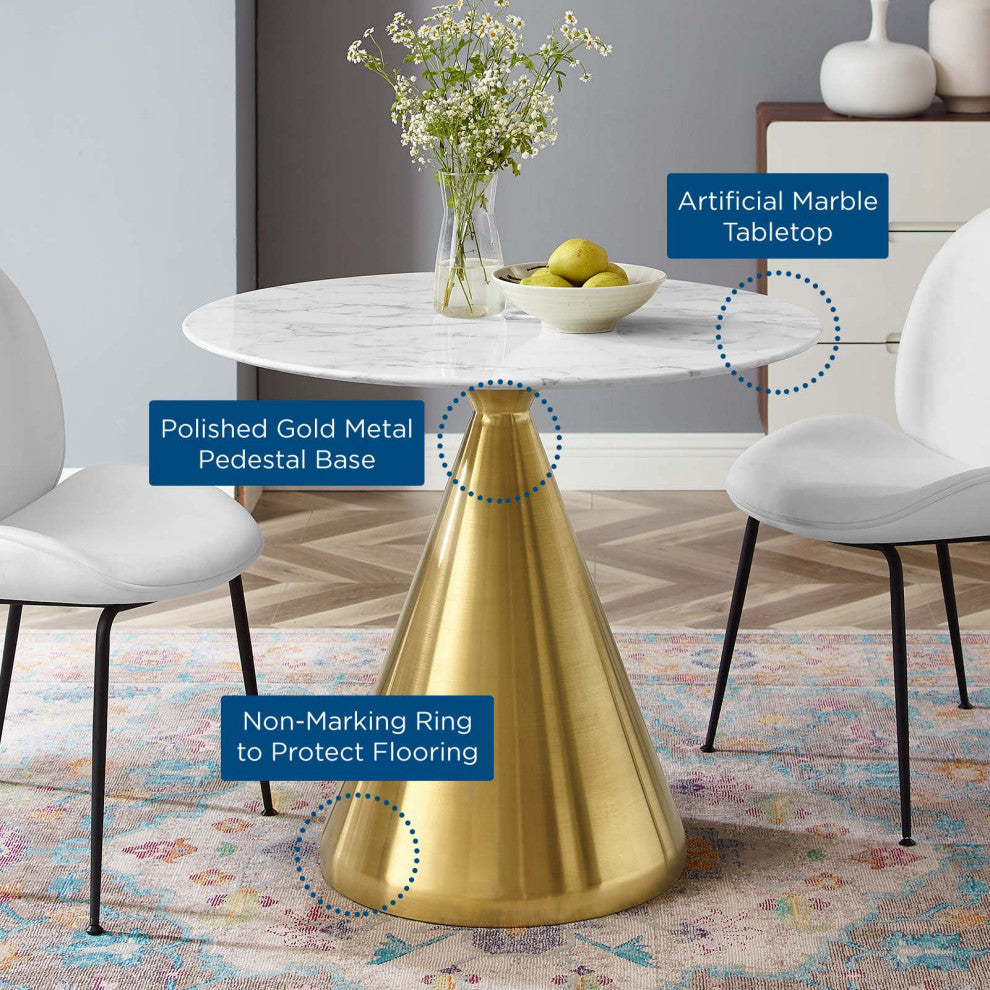Dining Table, Round, Artificial Marble, Metal, Gold White, Modern, Cafe Bistro