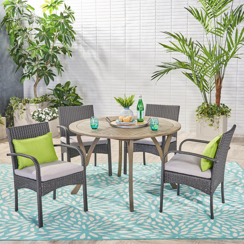 GDF Studio 5-Piece Jaden Outdoor Acacia and Wicker Dining Set, Gray