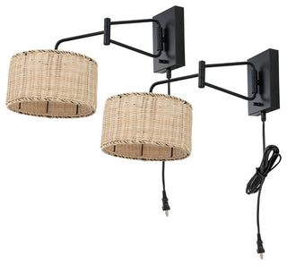 Safavieh Bramley Wall Sconce Set of 2 w/ USB Port Black/Natural Rattan