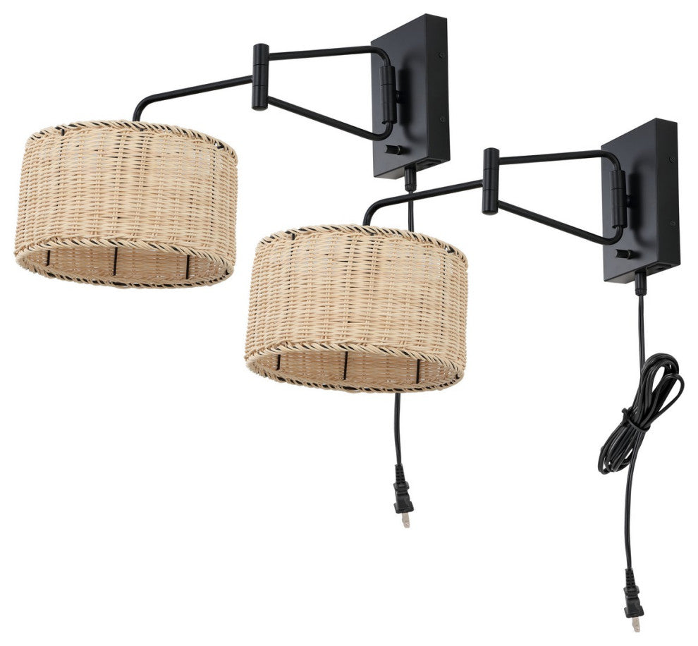 Safavieh Bramley Wall Sconce Set of 2 w/ USB Port Black/Natural Rattan