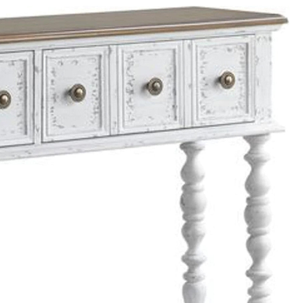 48 Inch 2 Drawer Console Table, Turned Legs, Distressed White