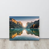 Sunrise Misty Mountain Lake Lively Color Landscape Photo Canvas Art Print, 16" X 20"