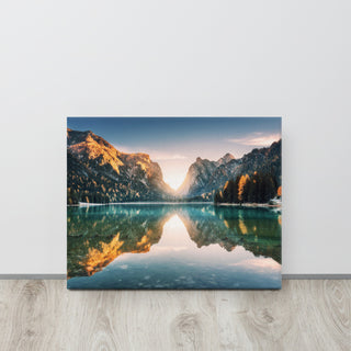 Sunrise Misty Mountain Lake Lively Color Landscape Photo Canvas Art Print, 16" X 20"