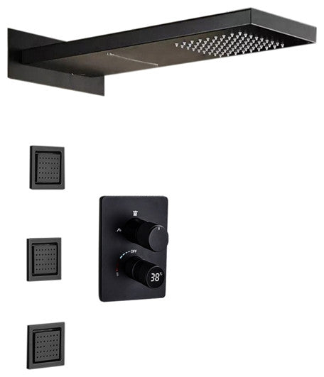 Fontana 22" Matte Black Rainfall Shower System & 3 Jetted Body Sprays, Non LED