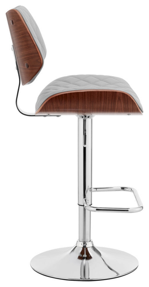 Leland Adjustable Faux Leather and Metal Bar Stool, Gray and Chrome