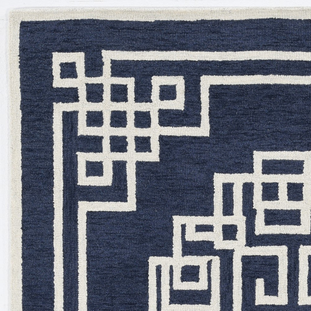 HomeRoots 5'x7' Navy Blue Ivory Hand Tufted Bordered Greek Key Indoor Area Rug