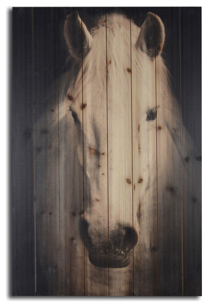 White Horse With Black Background Wood Plank Wall Art