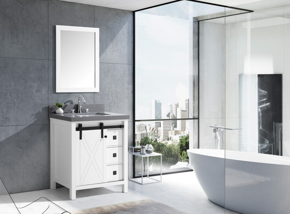 Marsyas Veluti 30" Single Vanity Cabinet Gray Quartz Top Sink, 28" Wall Mirror
