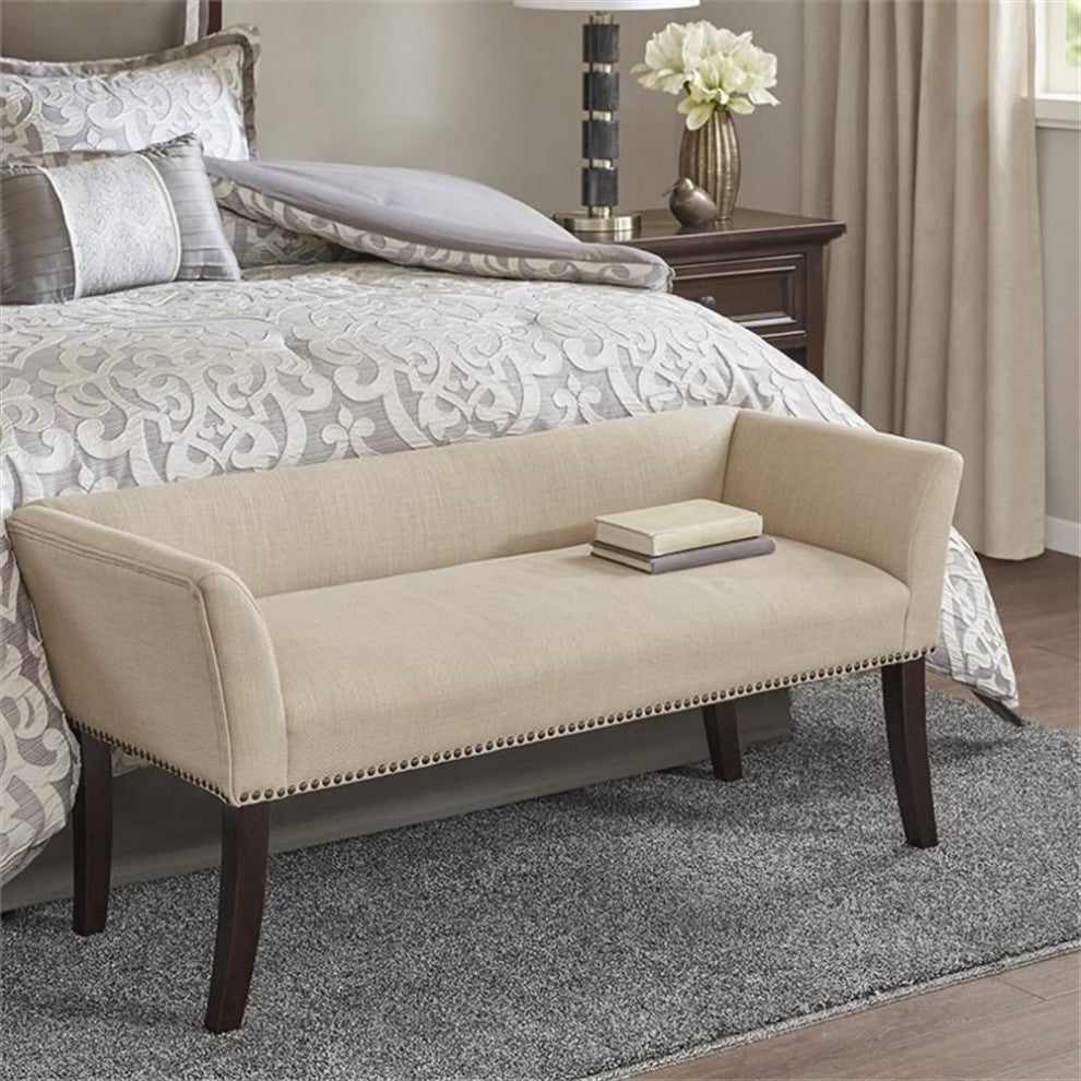 Maklaine Transitional Solid Wood and Fabric Upholstered Accent Bench in Cream