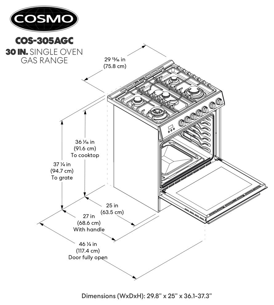 Cosmo COS-305AGC 30" 5.0 cu. ft. Single Oven Gas Range With 5 Burner Cooktop
