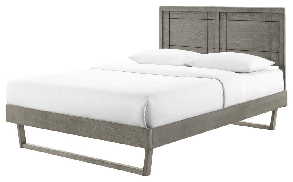 Platform Bed Frame, King Size, Wood, Gray, Modern Mid-Century, Bedroom