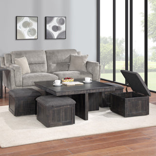 Moseberg Coffee Table with Storage Stools, Gray Oak