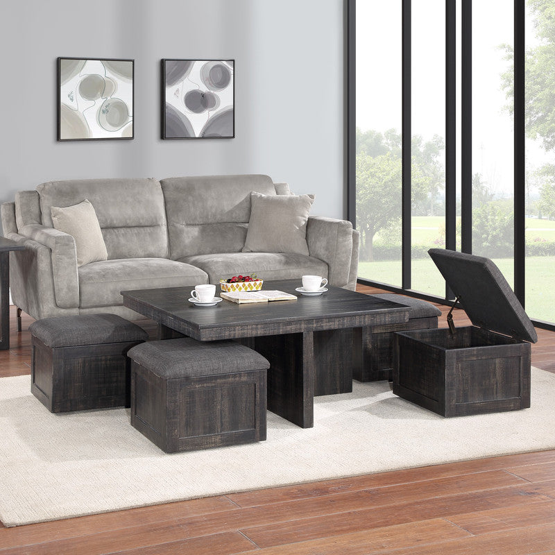 Moseberg Coffee Table with Storage Stools, Gray Oak