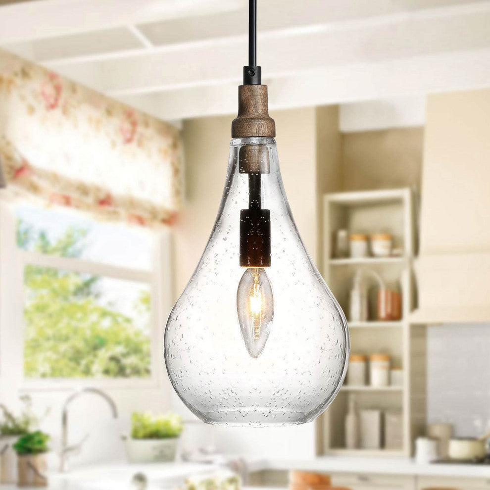 1-Light Black Traditional Seeded Glass Teardrop Mini Pendant Light