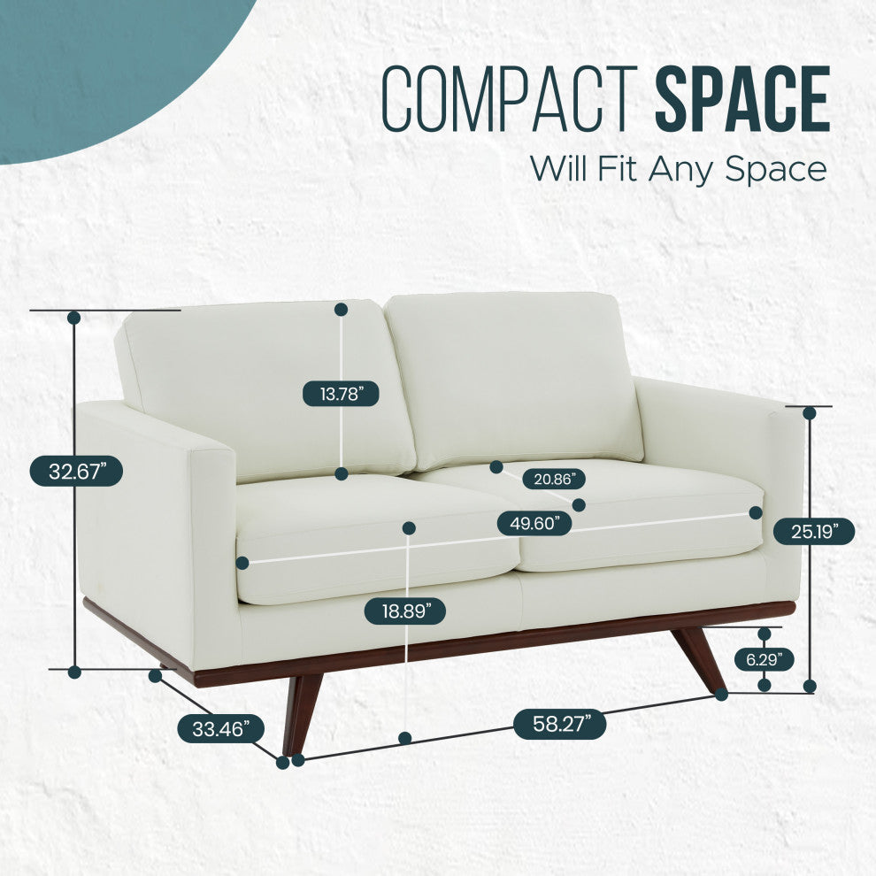LeisureMod Chester Modern Leather Loveseat With Birch Wood Base, White