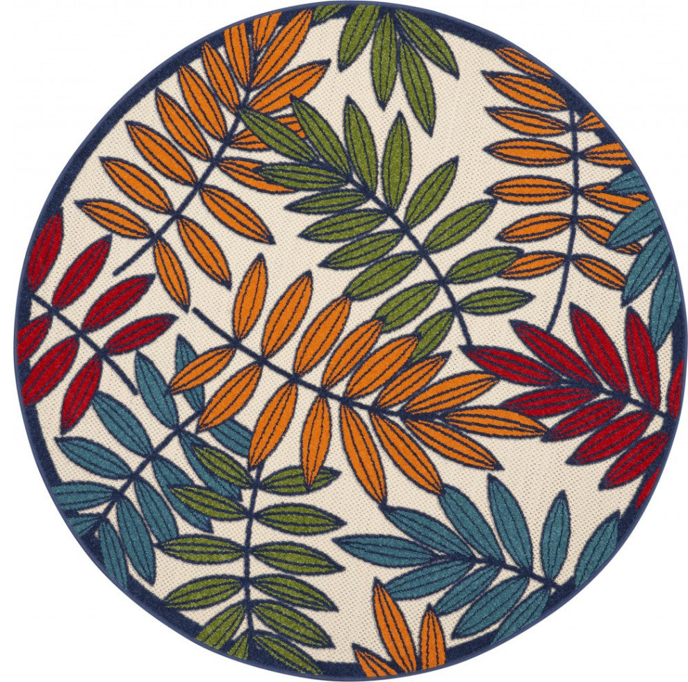 5' Round Ivory And Blue Round Floral Indoor Outdoor Area Rug
