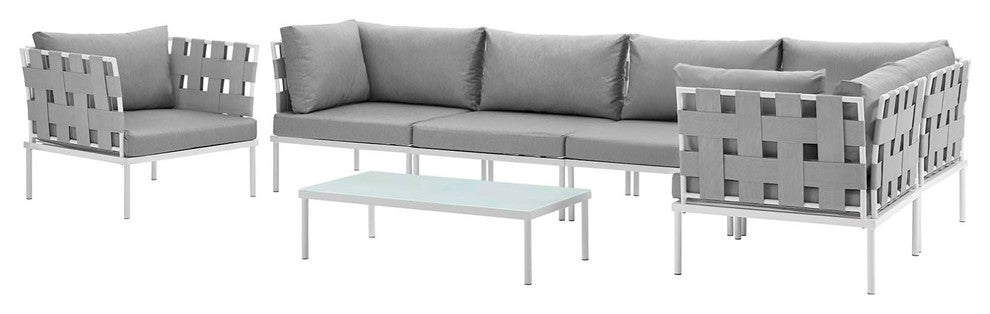 Modern Urban Outdoor Patio 7-Piece Sectional Sofa Set, Gray White Gray, Rattan