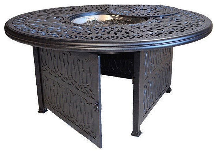 Propane Fire Pit Dining Table Set Cast Aluminum Wicker Furniture, 7 Piece, Patio