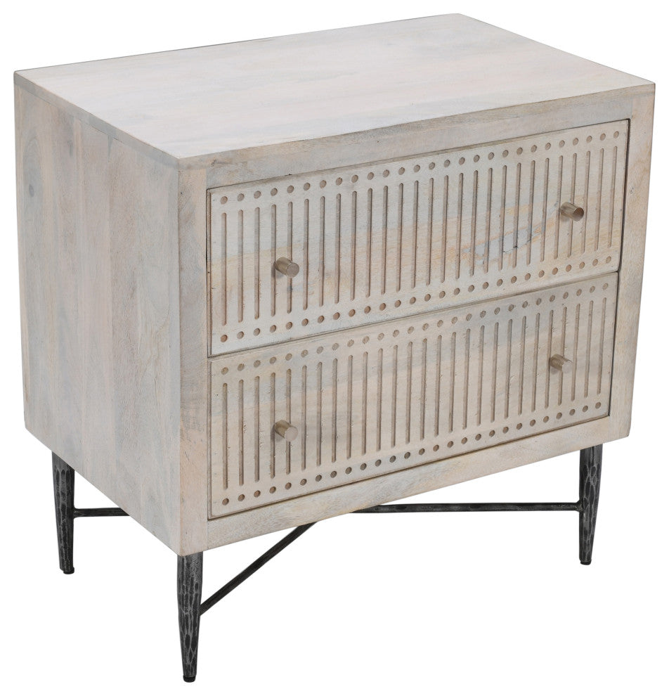 Sarah 2 Drawer Nightstand, Mango Solid Wood Brushed Ivory Finish on Iron Base