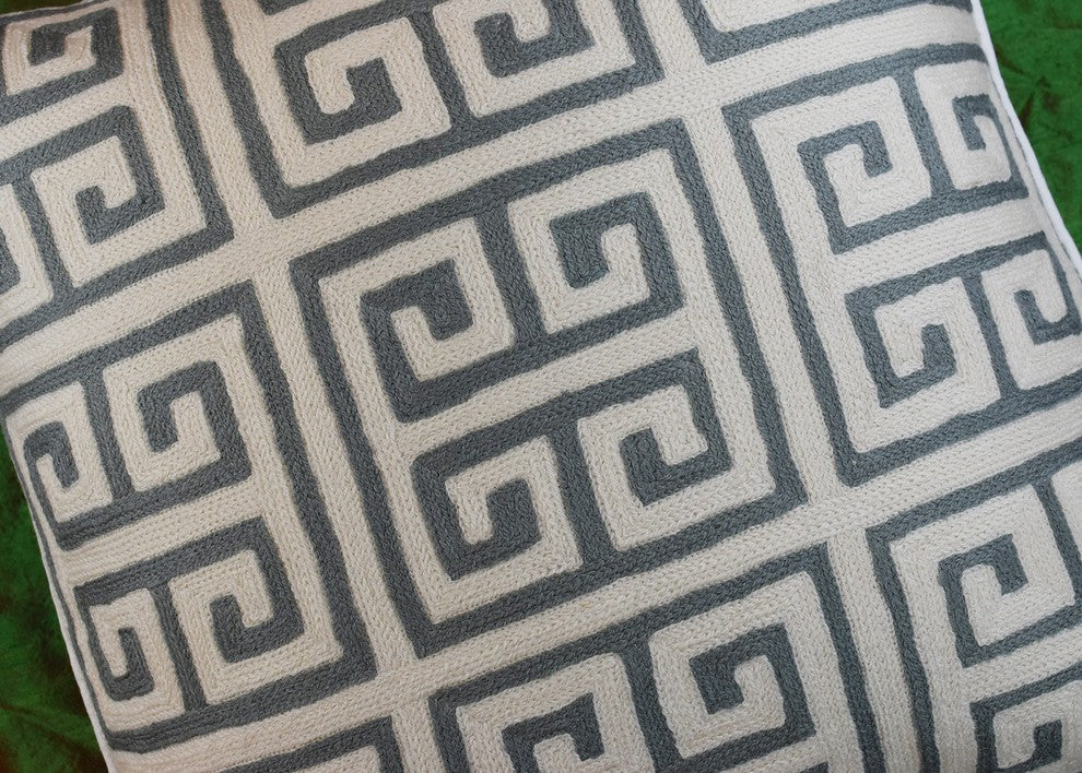 Greek Key Geometric Ivory Gray Accent Pillow Cover Handembroidered Wool 20x20"