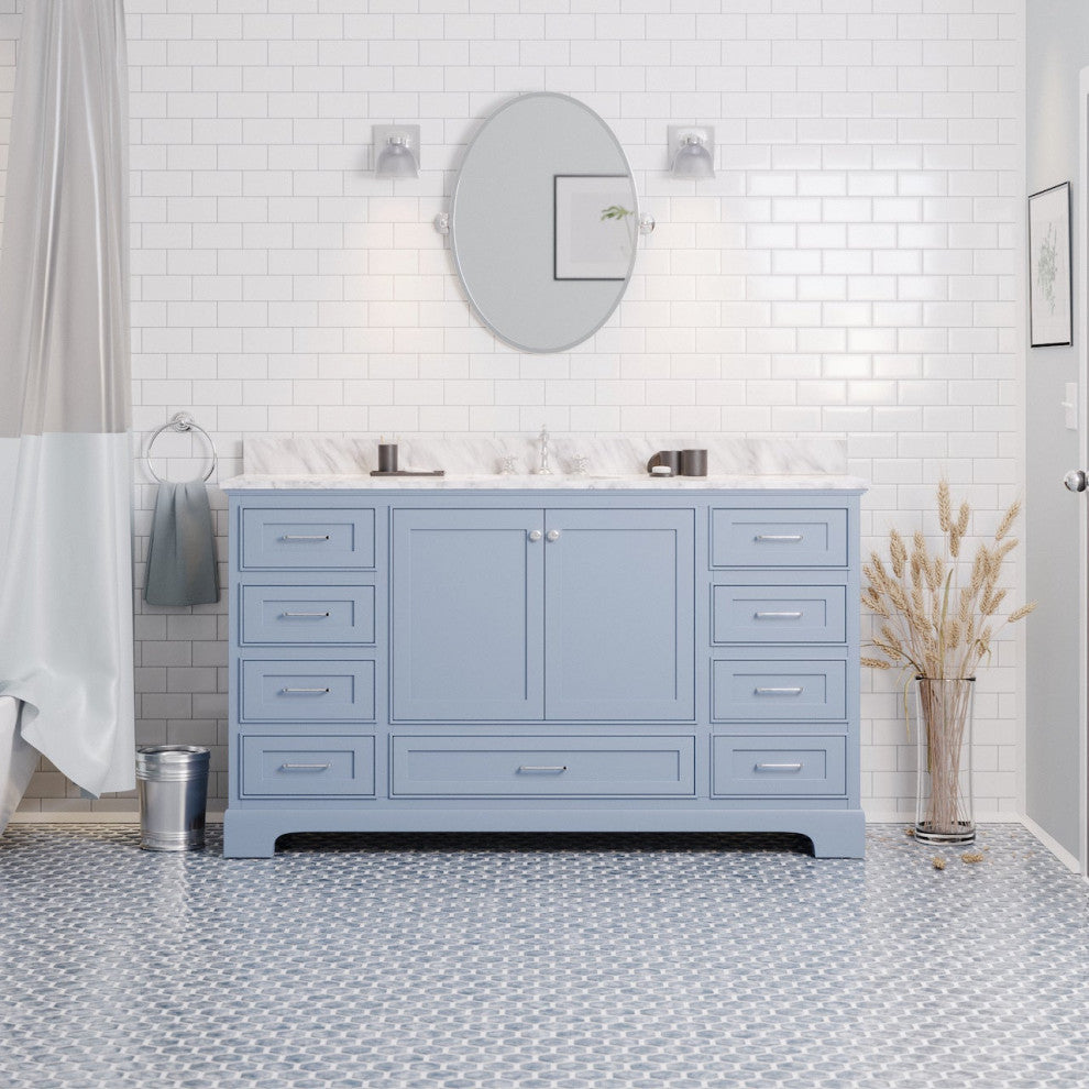 Harper 60" Bathroom Vanity, Powder Blue, Carrara Marble, Single