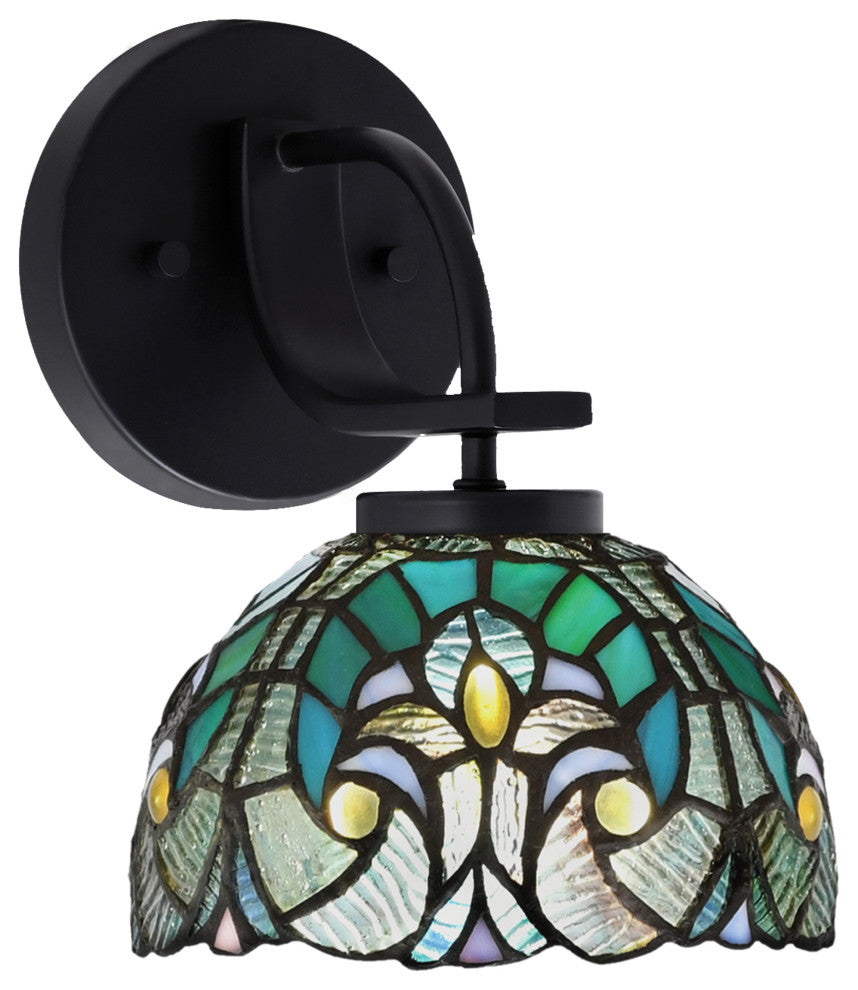 Cavella 1 Light Wall Sconce, Matte Black Finish, 7" Turquoise Cypress Art Glass