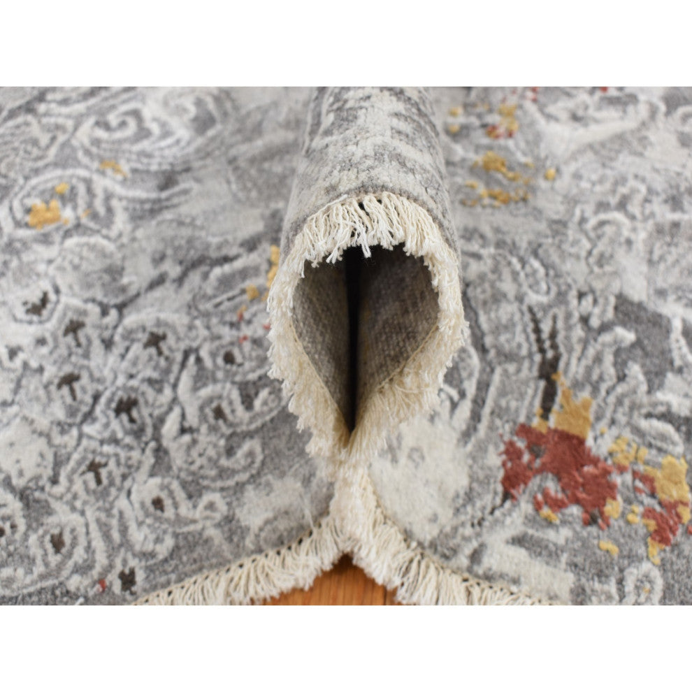 Gray, Hand Knotted, Modern Broken Design Wool and Silk Rug, 8'9"x11'10"