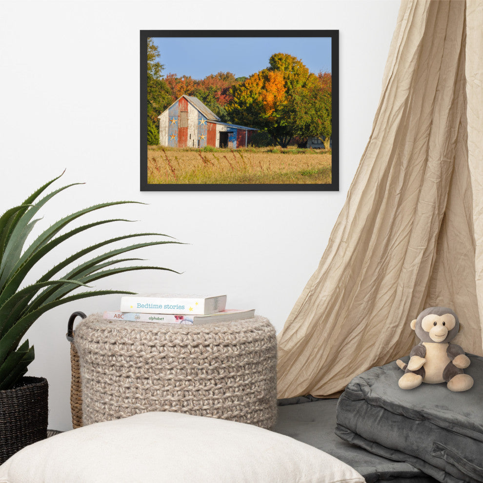 Patriotic Barn in Field Rural Landscape Framed Photo Paper Wall Art Prints, Black, 16" X 20"