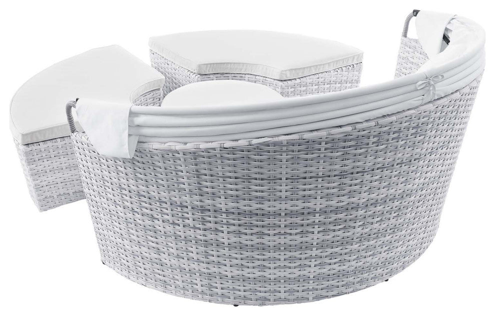 Lounge Daybed Sofa Bed, Gray White, Rattan, Wicker, Modern, Outdoor Patio