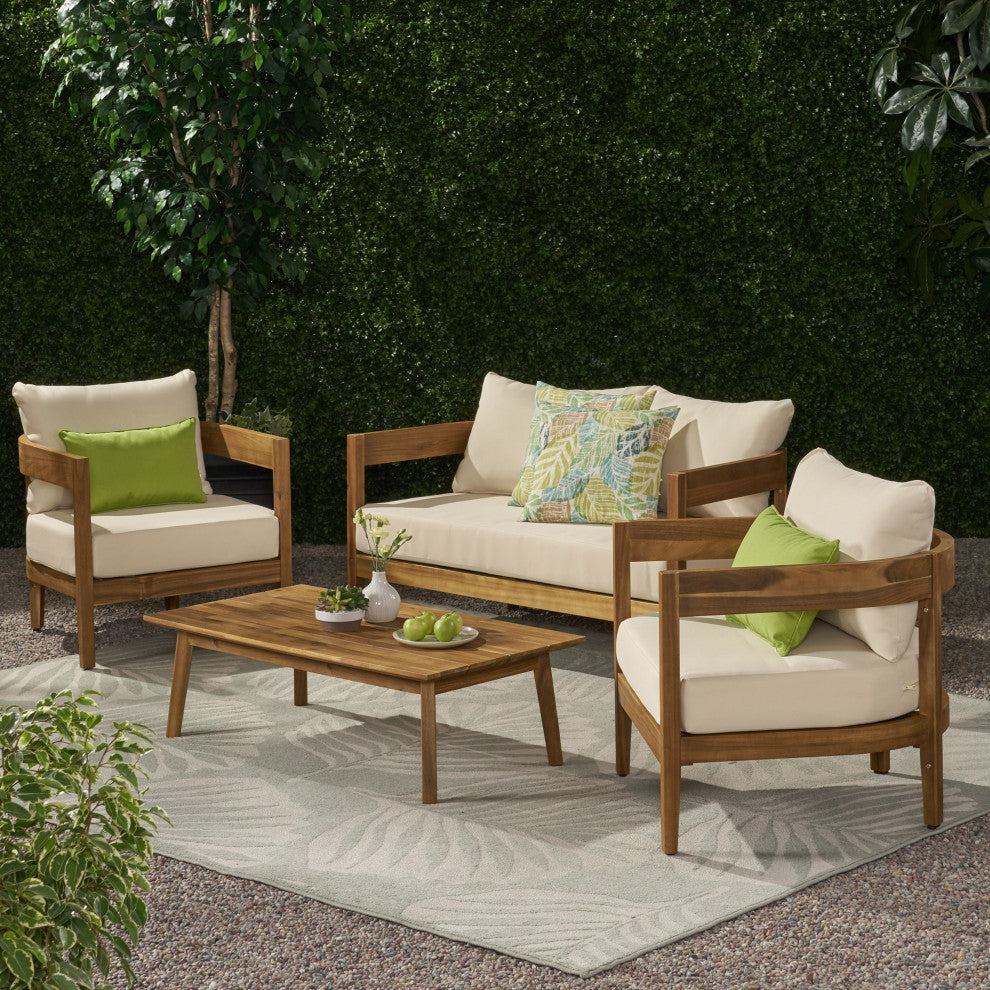 Brooklyn Outdoor Acacia Wood 4 Seat Chat Set With Cushions