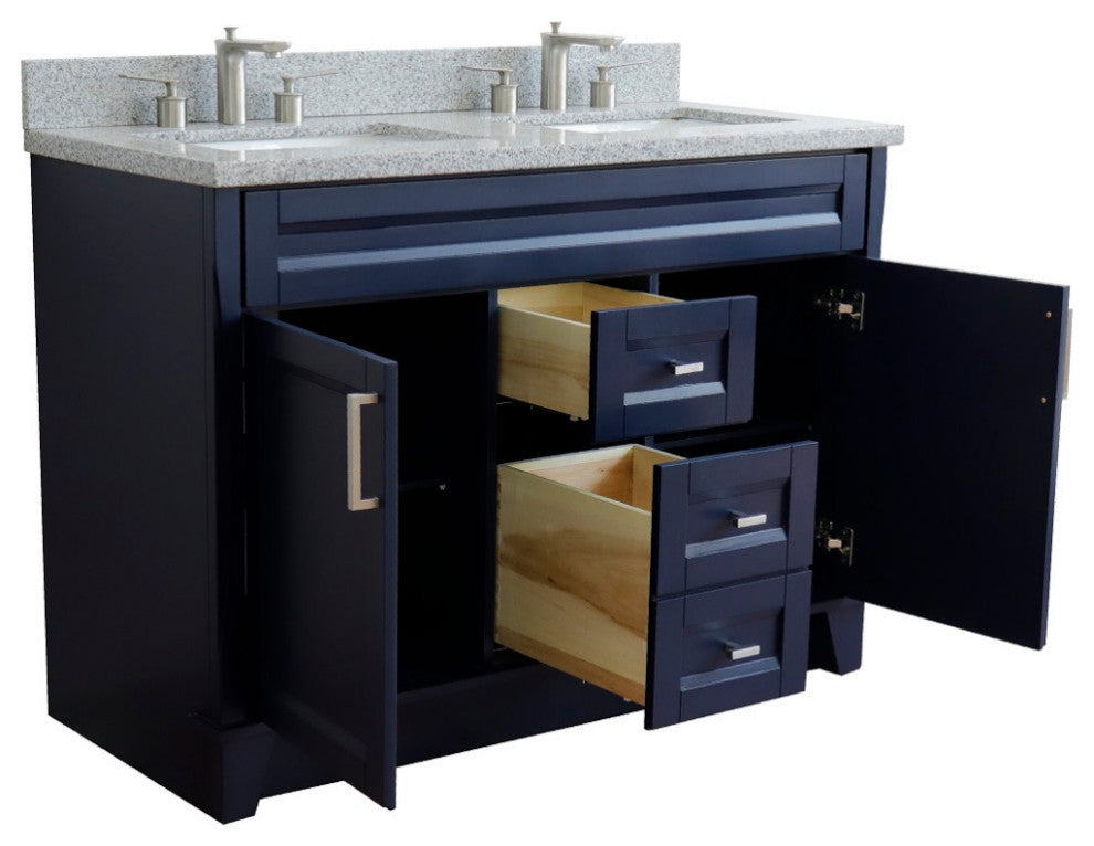48" Double Sink Vanity, Blue Finish With Gray Granite And Rectangle Sink