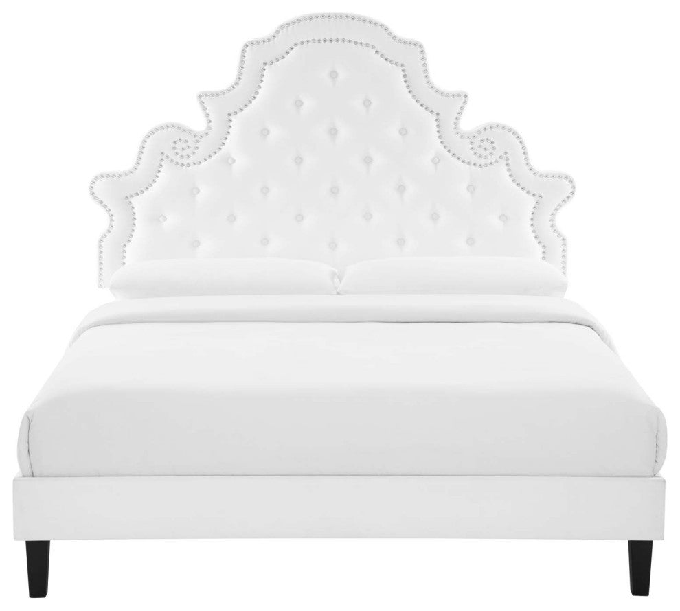 Tufted Platform Bed Frame, Twin Size, Velvet, White, Modern Contemporary