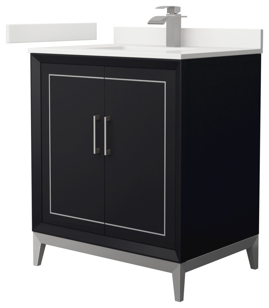 Marlena 30" Black Single Vanity, Quartz Top, 1-Hole, Nickel Trim