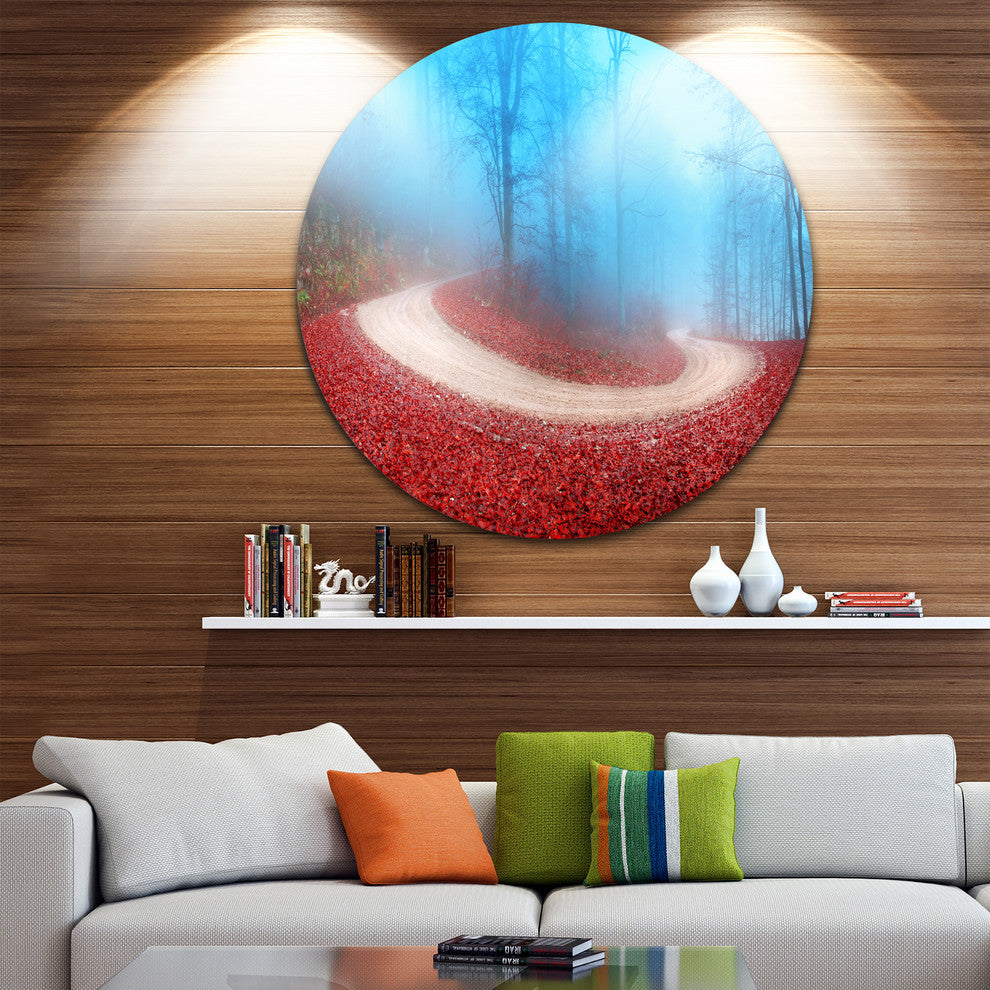 Curved Road In Autumn Forest, Landscape Photo Round Wall Art, 23"