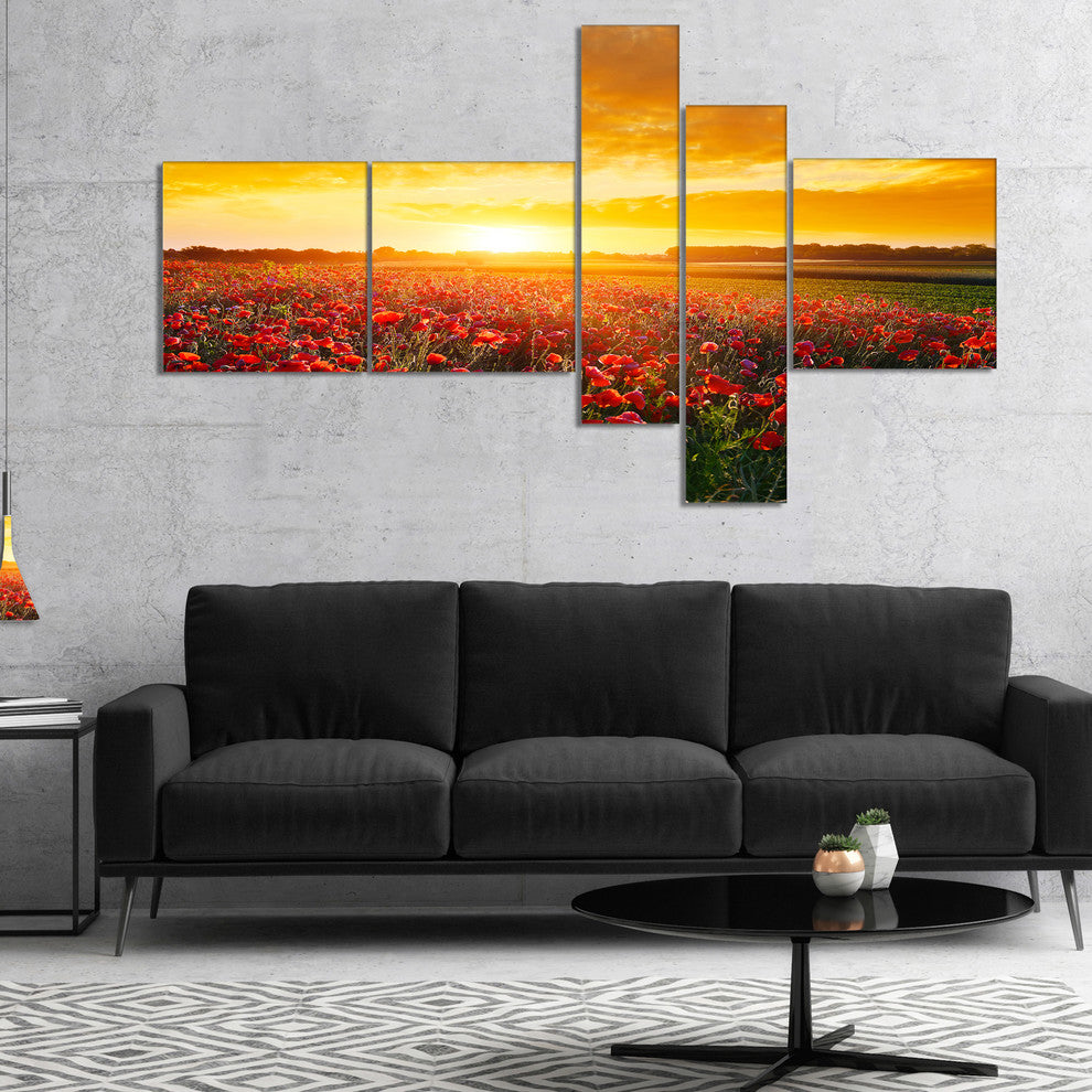 Poppy Field under Ablaze Sunset, Abstract Wall Art Canvas, 60"x32", 5 panels