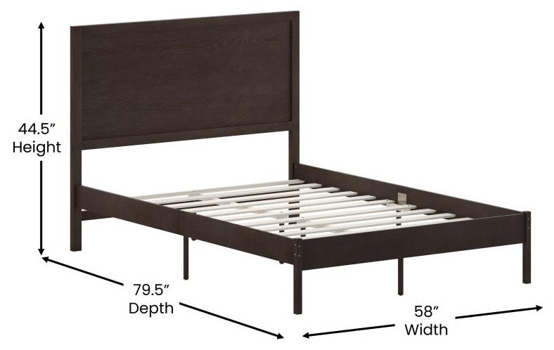 Asher Solid Wood Platform Bed with Wooden Slats and Headboard, Dark Brown, Full