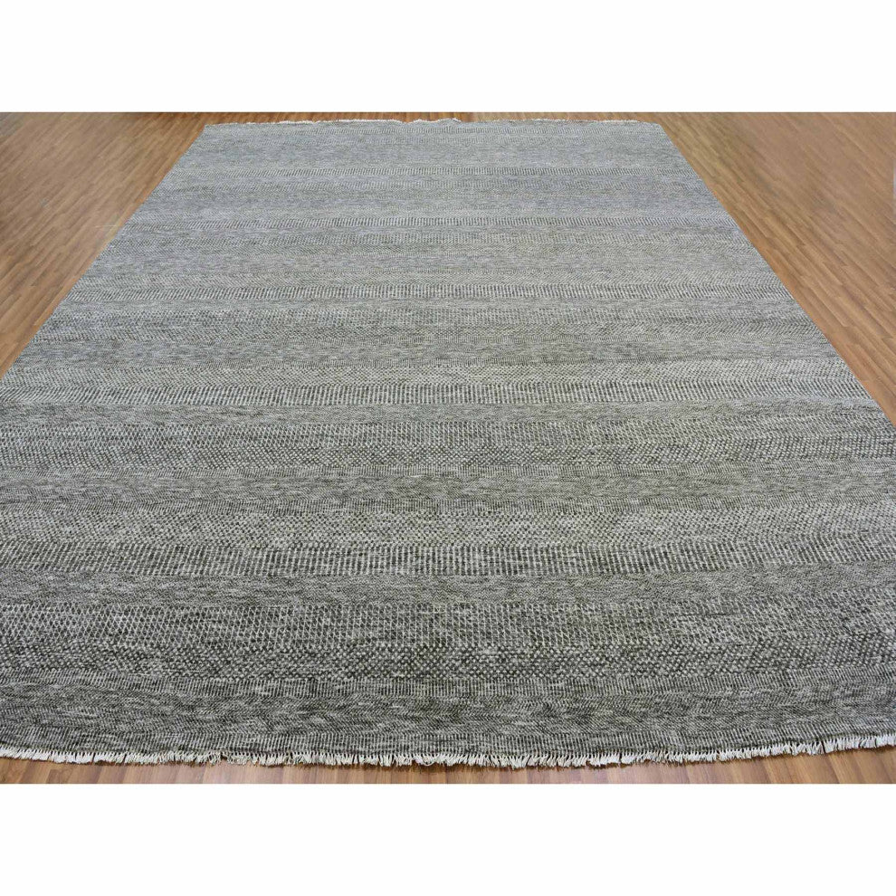 Neutral Gray Undyed Wool Grass Design Hand Knotted Oversized Rug 12'2"x15'2"