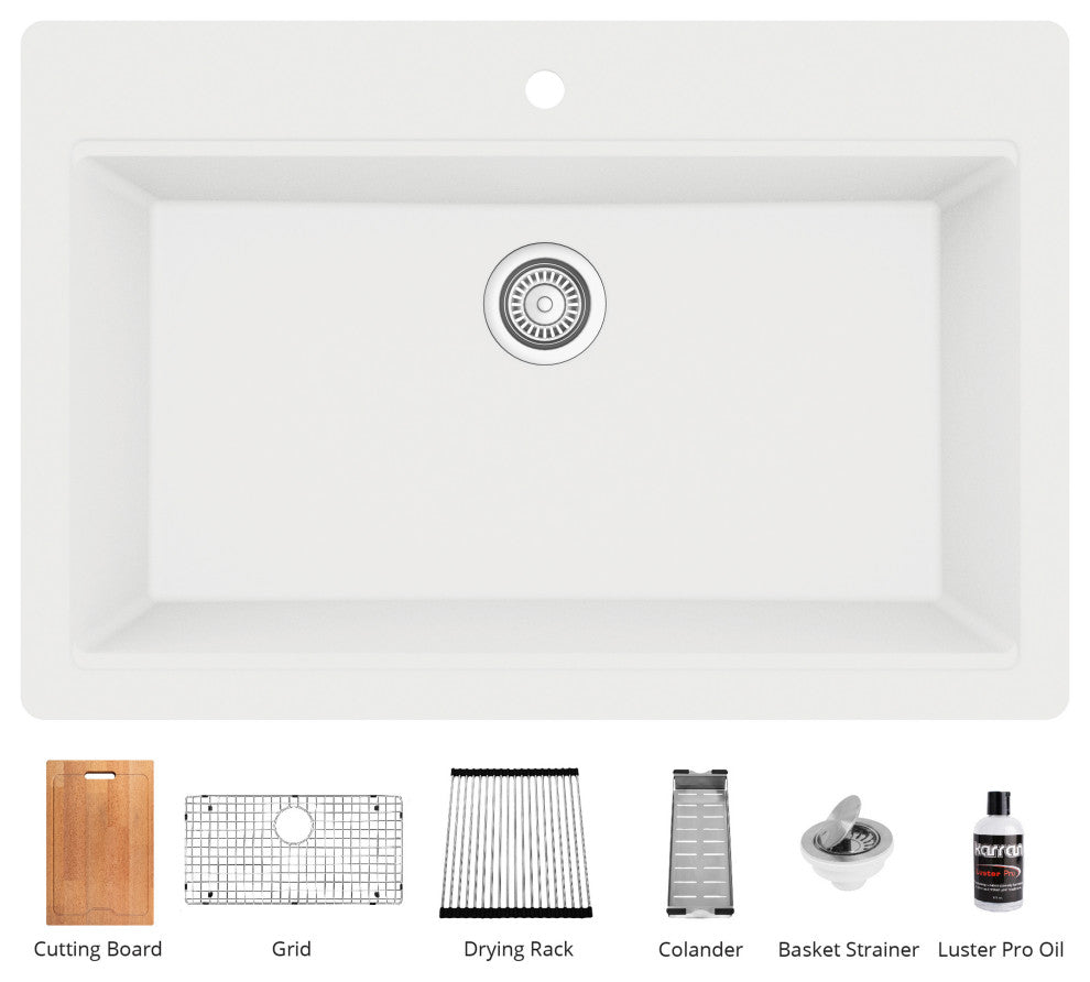 Karran Top Mount 33" Single Bowl Quartz Workstation Kitchen Sink, White