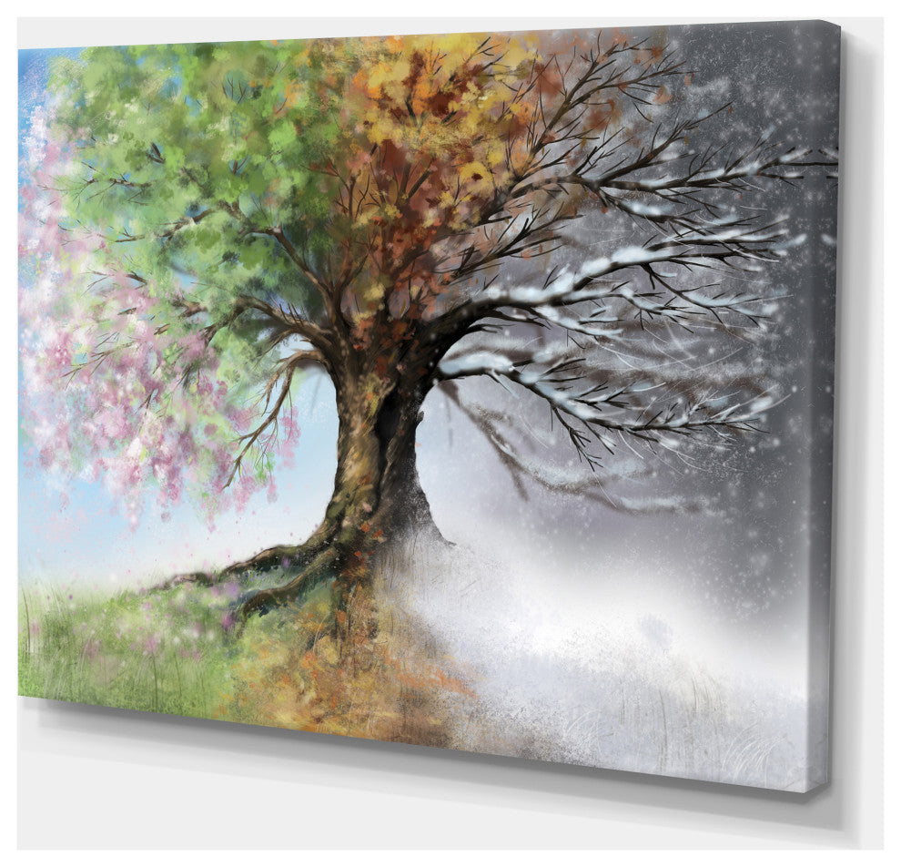 Designart 'Tree with Four Seasons' Large Tree Painting Canvas Art Print, 40"x30"