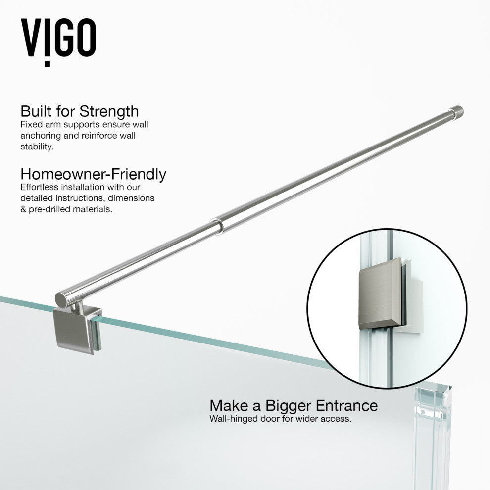 VIGO Pacifica 48"D x 36"W x 79"H Frameless Hinged Shower Enclosure, Brushed Nickel, Left Base