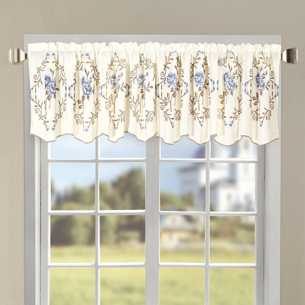 Rose Embroidery Window Curtain Valance, Gray Blue, 19" X 60"