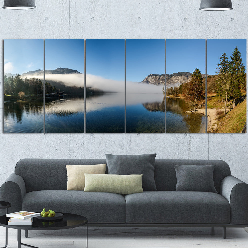 Bohinj Lake Panorama, Seashore Canvas Art Print, 70"x28", 6 Panels