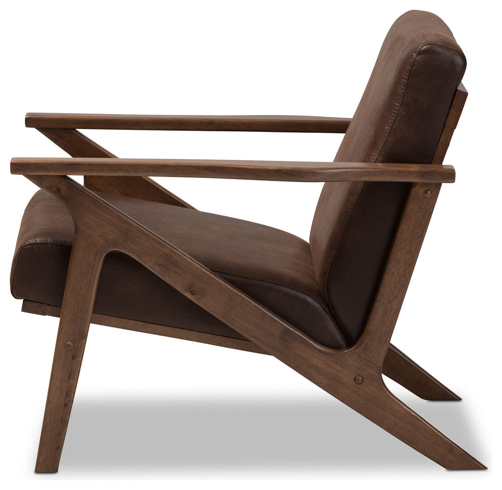 Bianca Walnut Wood Dark Brown Distressed Faux Leather Effect Lounge Chair