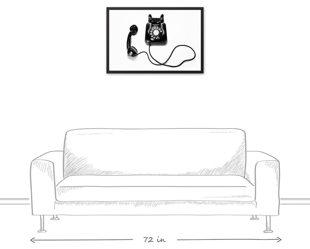 Black and White Vintage Telephone 20x30 Black Framed Canvas
