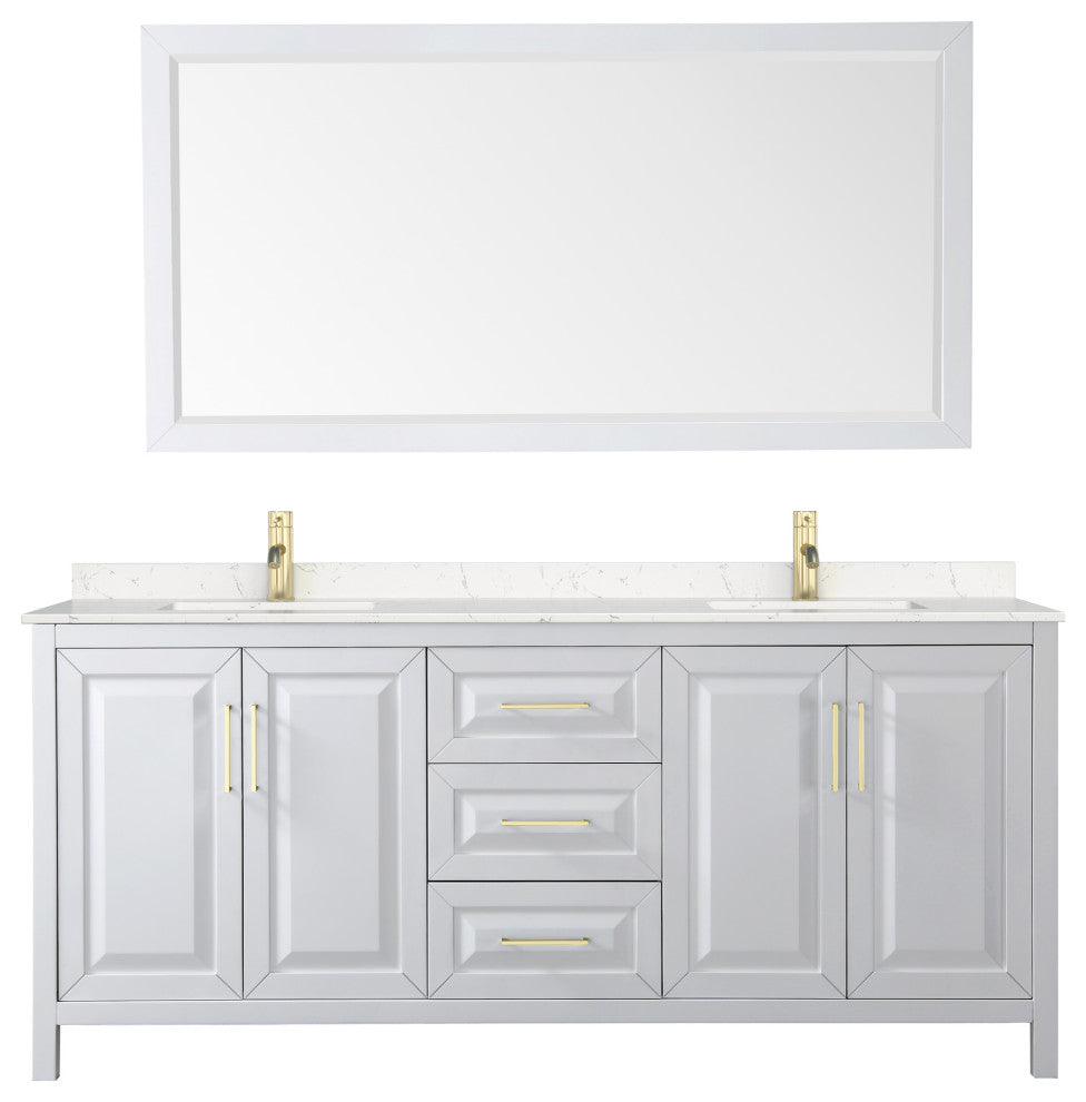 80"DBL Vanity White, Light-Vein Carrara Cult. Top, Sinks, 70"Mirror, Gold Trim