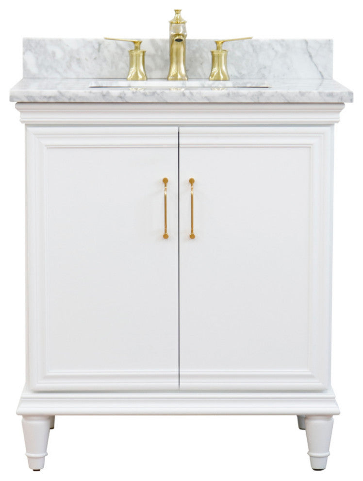 31" Single Vanity, White Finish With White Carrara And Rectangle Sink